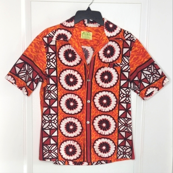Vintage 60s Ui-Maikai Hawaiian Shirt Hibiscus Vibrant Orange Red Men's M - Picture 7 of 11